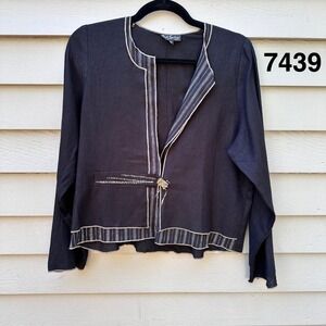 K.D. Spring Womens Linen Blend Artisan Jacket Black Pinstripe Trim Small USA
